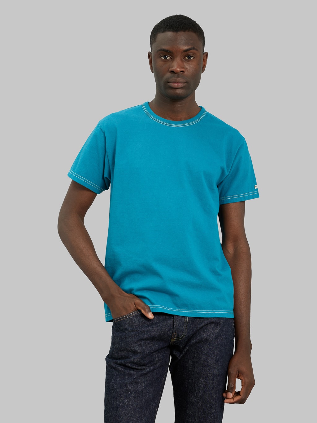 The Flat Head Plain Heavyweight TShirt turquoise model front fit