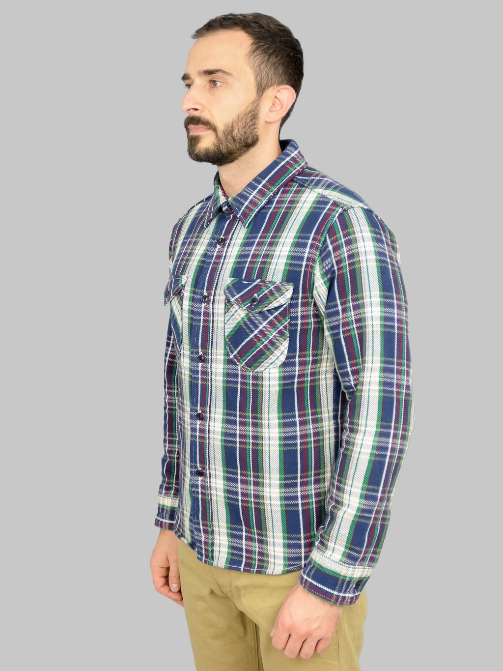UES Heavy Flannel Shirt navy green model side fit