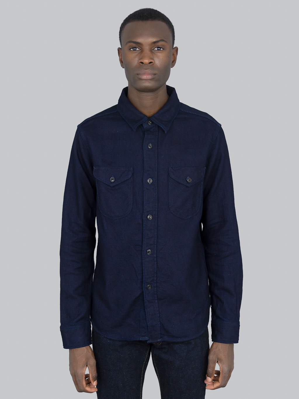 UES Indigo Heavy Selvedge Flannel Shirt model front fit