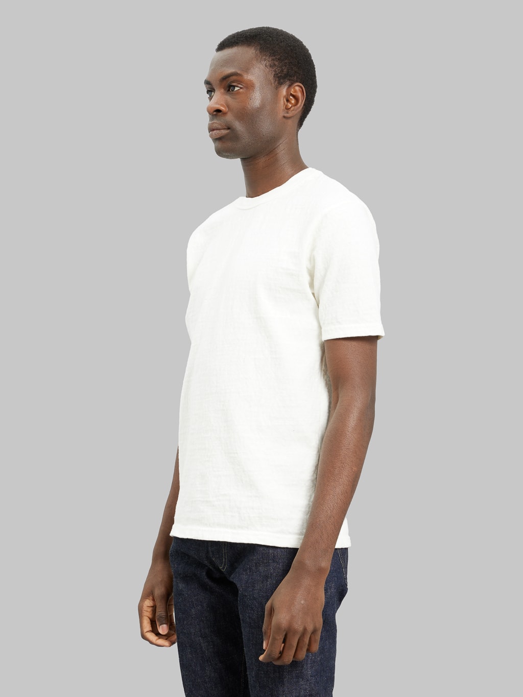 UES No 8 Slub Nep Short Sleeve Tshirt White model side fit