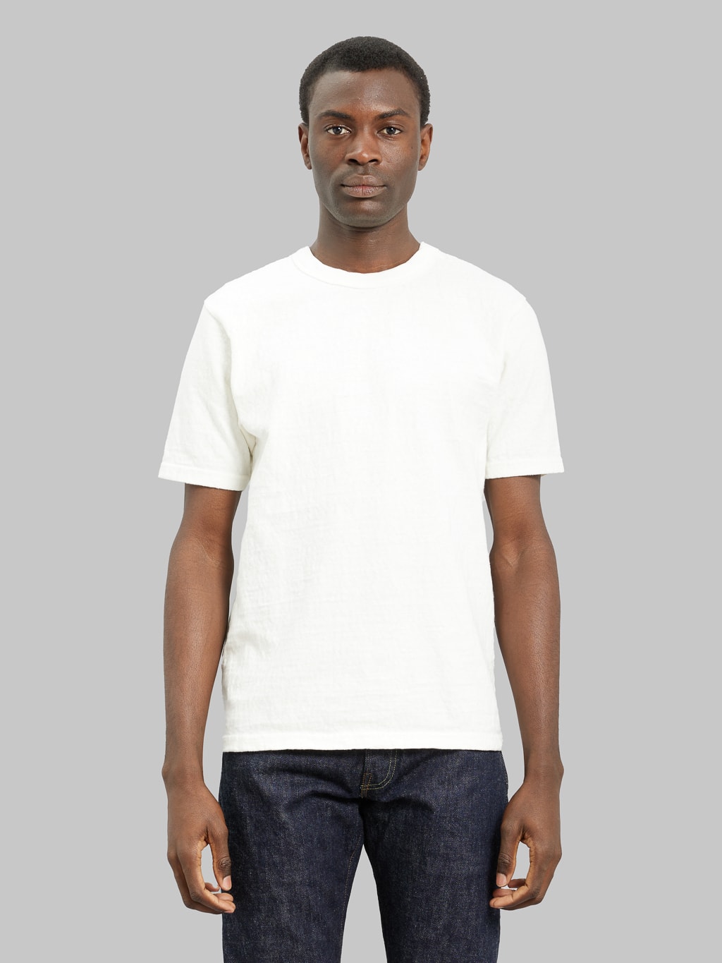 UES No 8 Slub Nep Short Sleeve Tshirt White model front fit