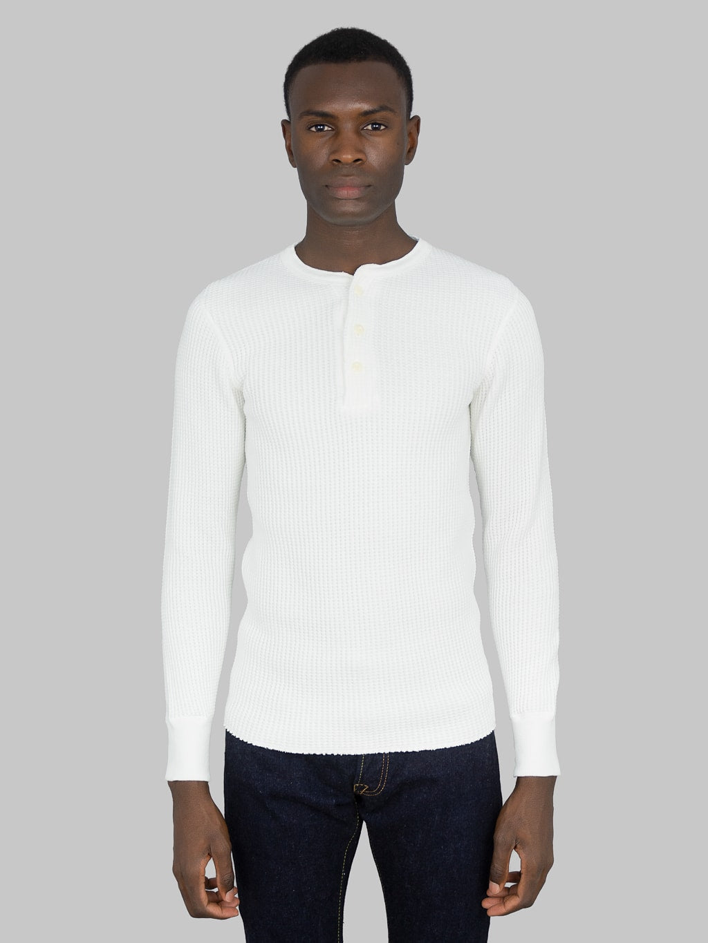 UES Thermal Big Waffle Henley TShirt Off White  model front fit