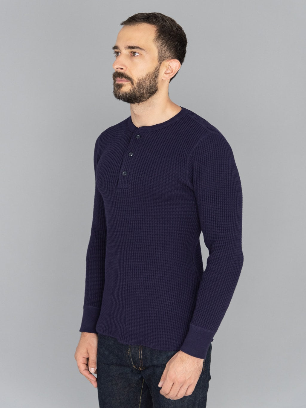 UES Thermal Waffle Long Sleeve Henley Navy model side fit