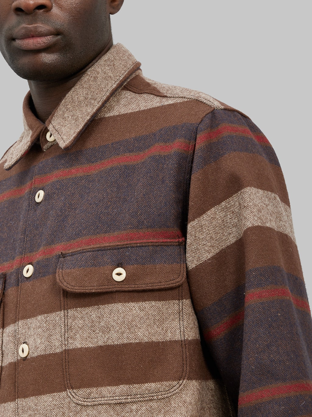 freenote cloth benson brown stripe classic wool overshirt chest pocket