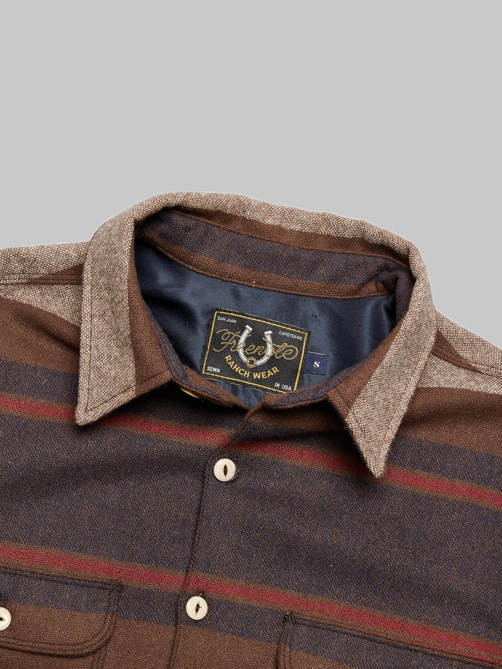 freenote cloth benson brown stripe classic wool overshirt collar button