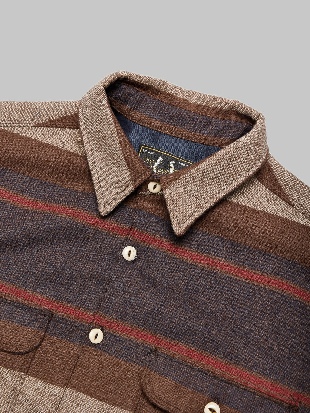 freenote cloth benson brown stripe classic wool overshirt  collar detail