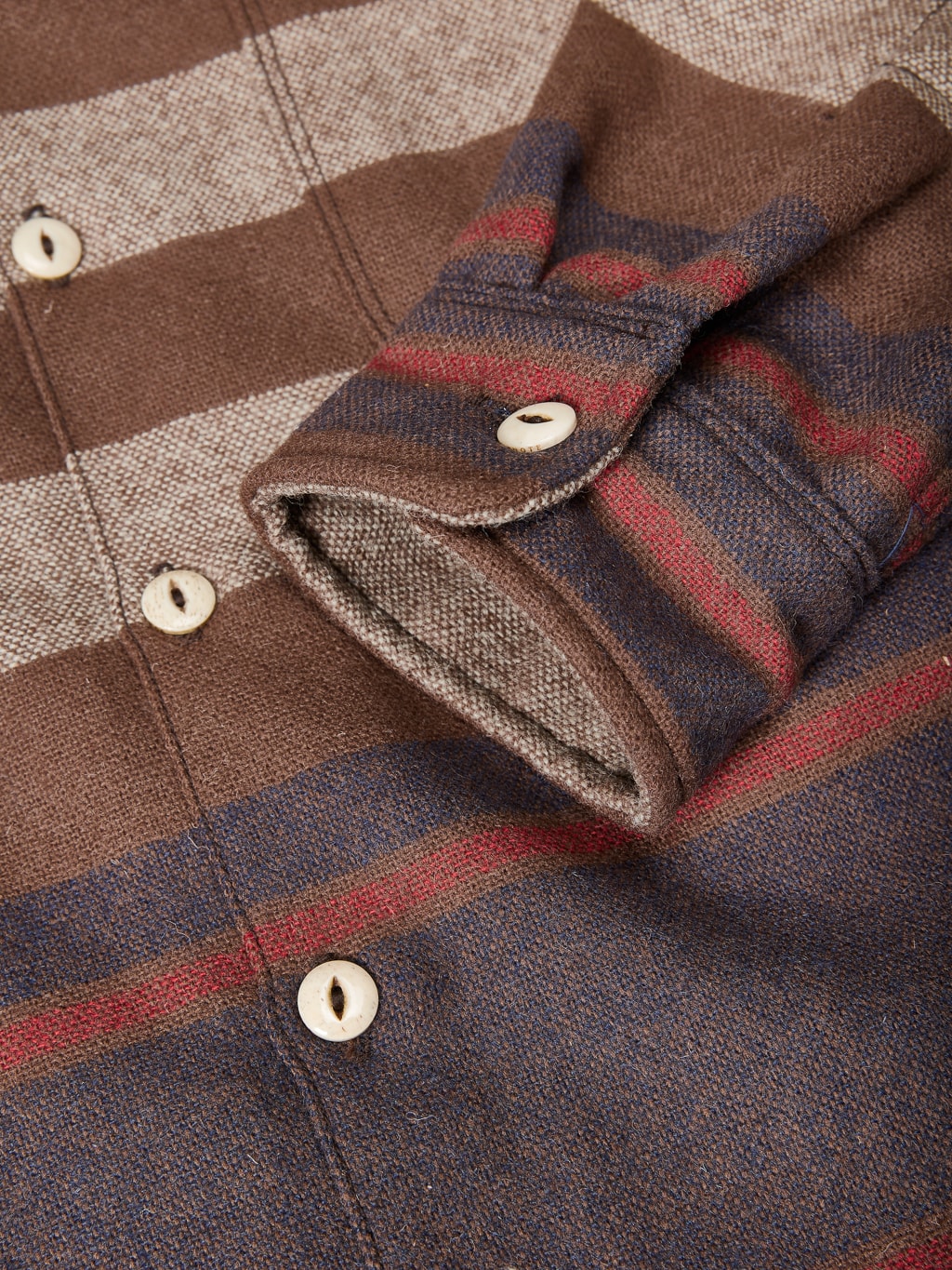 freenote cloth benson brown stripe classic wool overshirt cuff detail