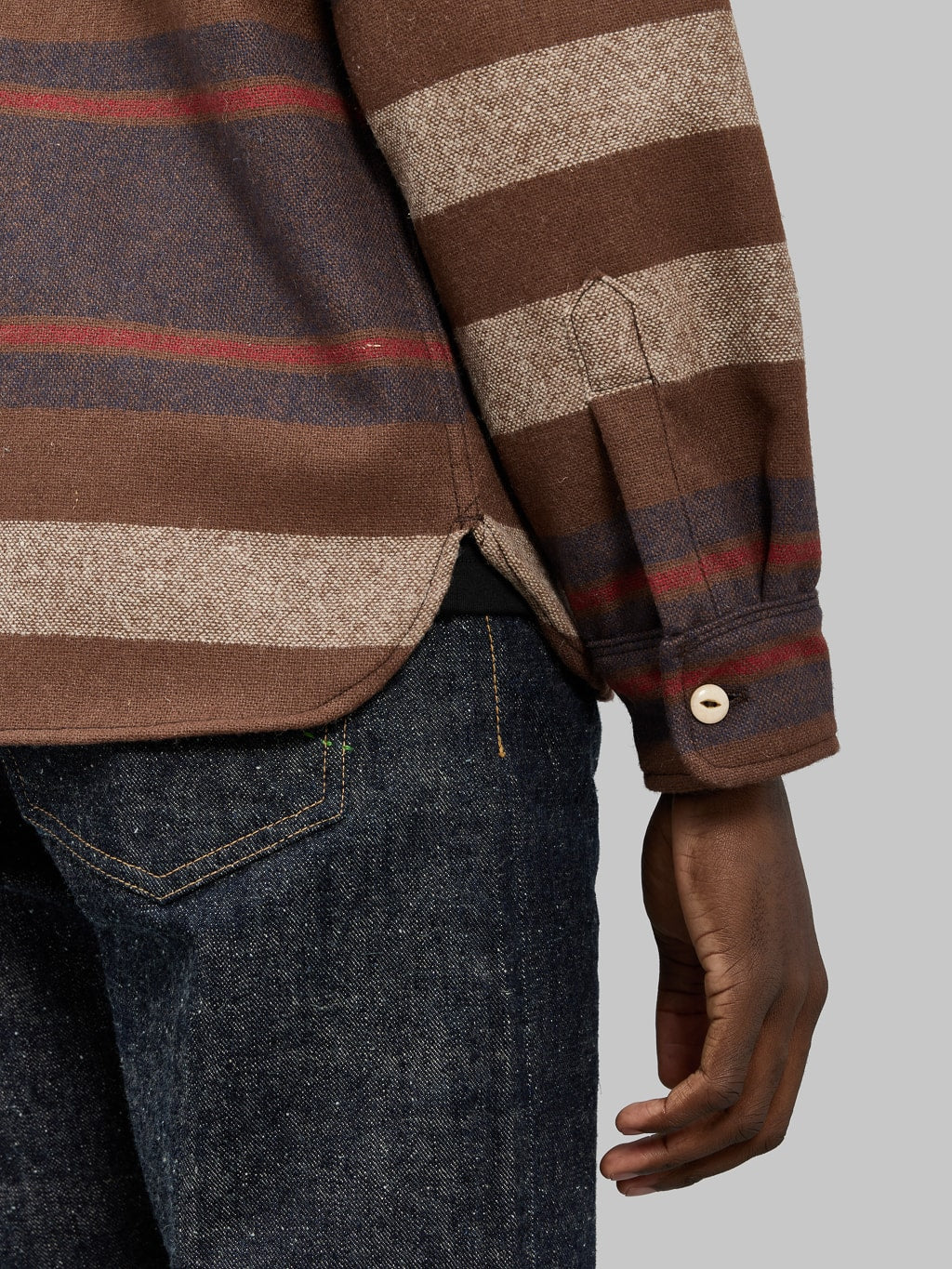 freenote cloth benson brown stripe classic wool overshirt cuff