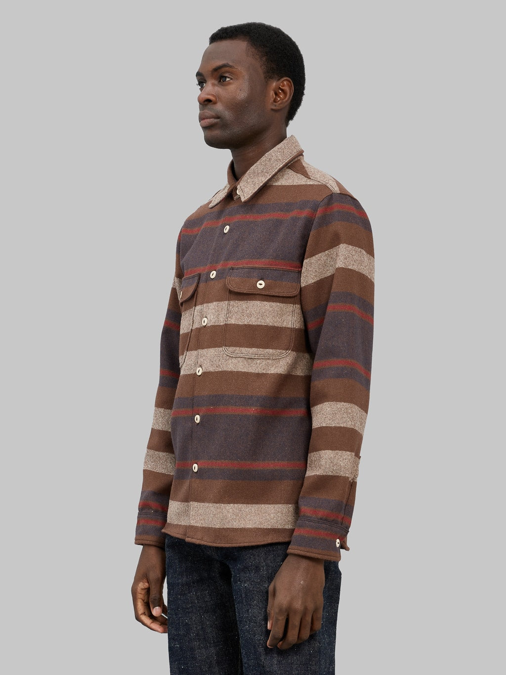 freenote cloth benson brown stripe classic wool overshirt side fit