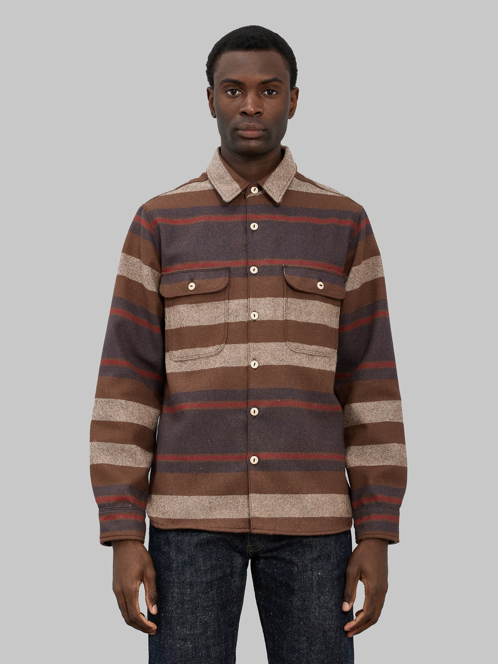 freenote cloth benson brown stripe classic wool overshirt model front fit