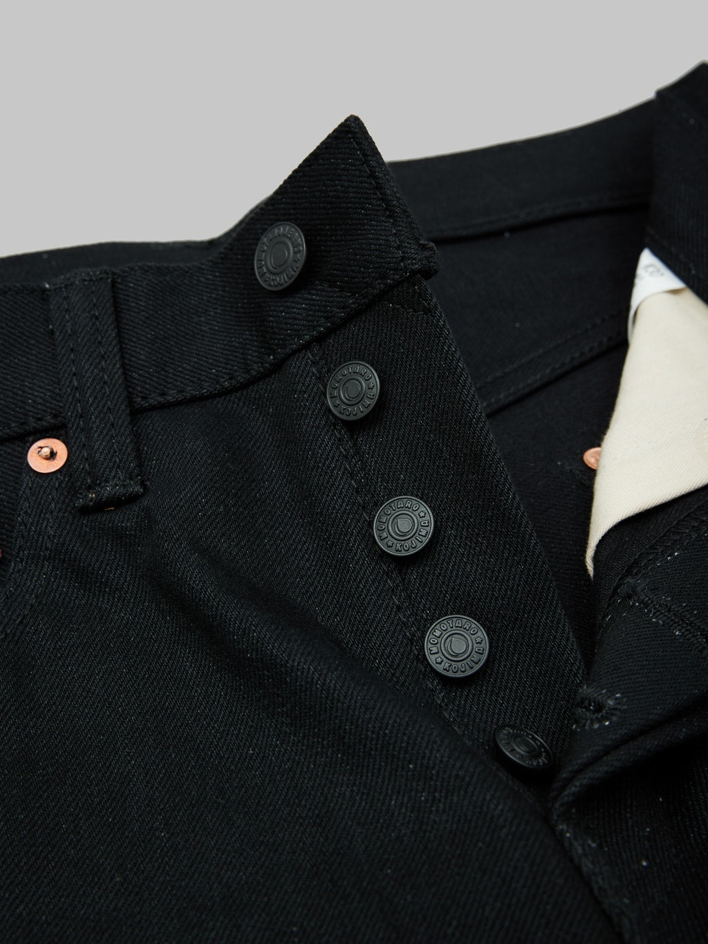 momotaro 0405b selvedge black denim high tapered jeans buttons