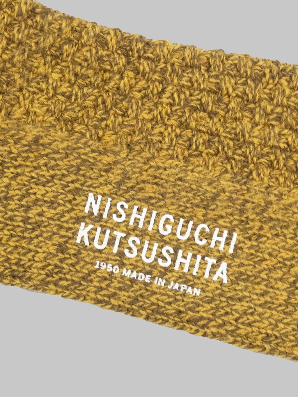 nishiguchi kutsushita boston wool cotton boot socks mustard brand printed logo