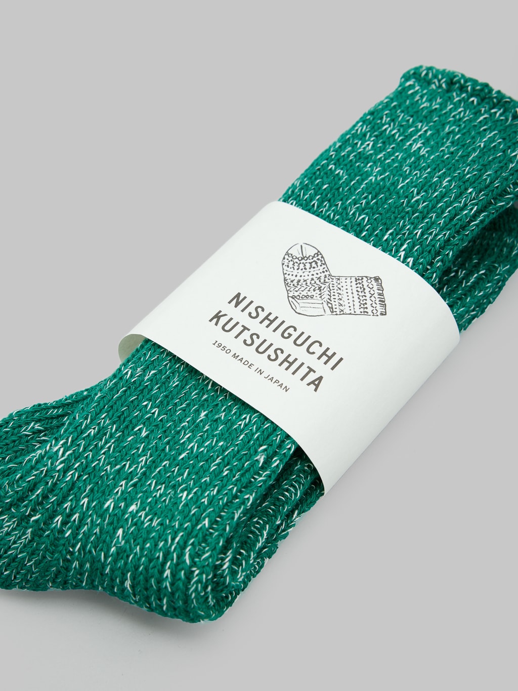 nishiguchi kutsushita hemp cotton ribbed socks park green front label
