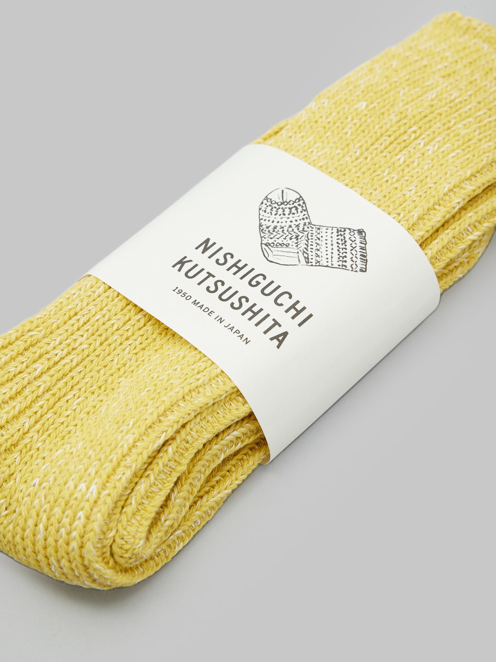 nishiguchi kutsushita hemp cotton ribbed socks vintage yellow front label