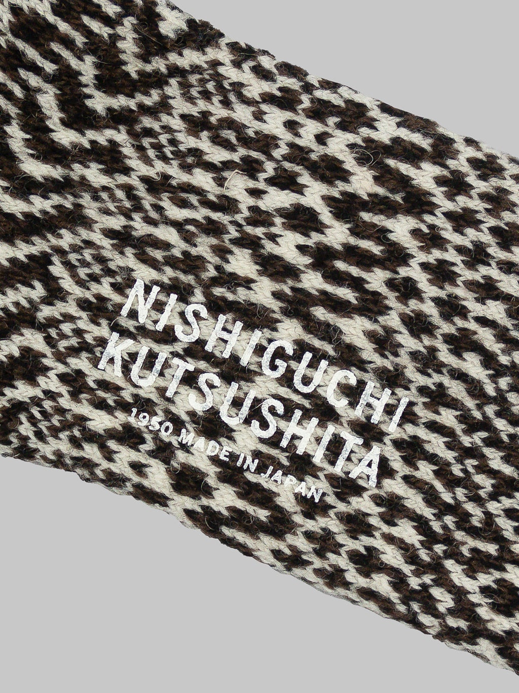 nishiguchi kutsushita oslo wool jacquard socks chocolate milk brand printed logo