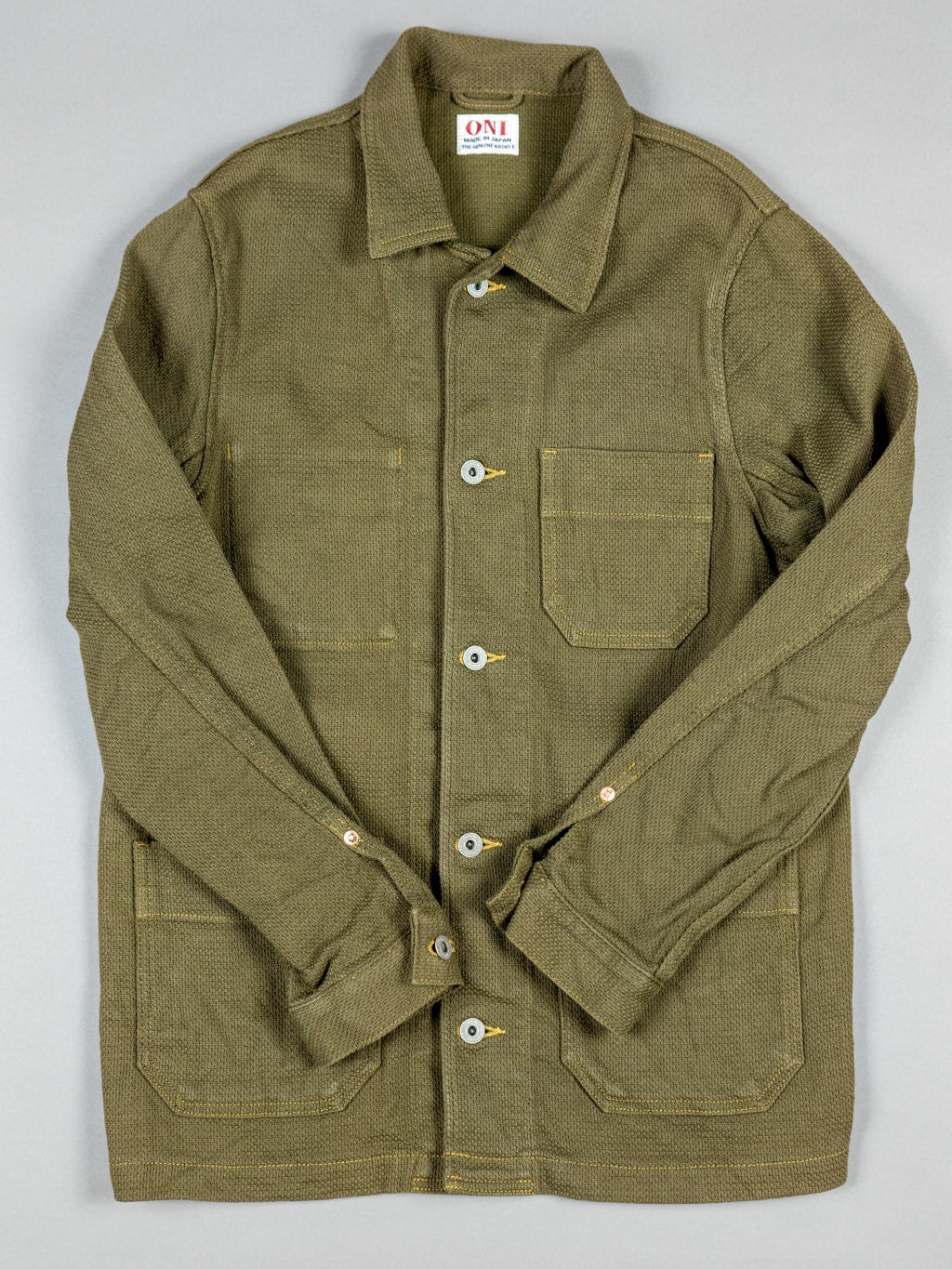 ONI Denim Sashiko Dobby Coverall Jacket Olive Drab Front