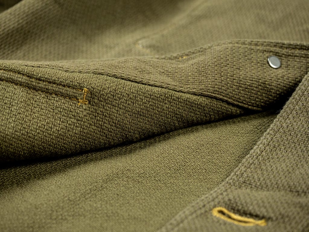 ONI Denim Sashiko Dobby Coverall Jacket Olive Drab Interior Detail