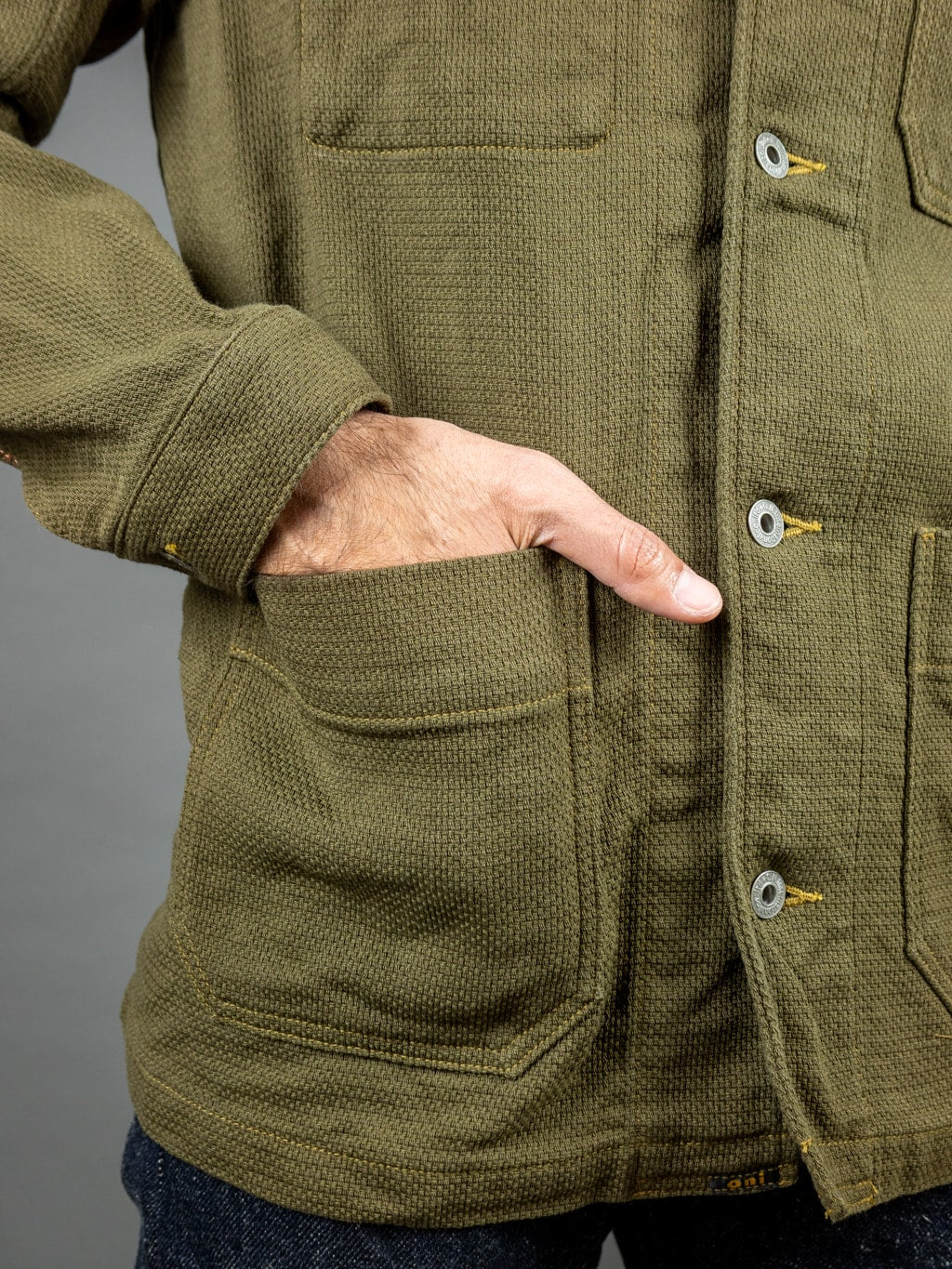 ONI Denim Sashiko Dobby Coverall Jacket Olive Drab Side Pocket