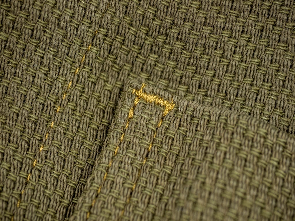 ONI Denim Sashiko Dobby Coverall Jacket Olive Drab Stitching Detail