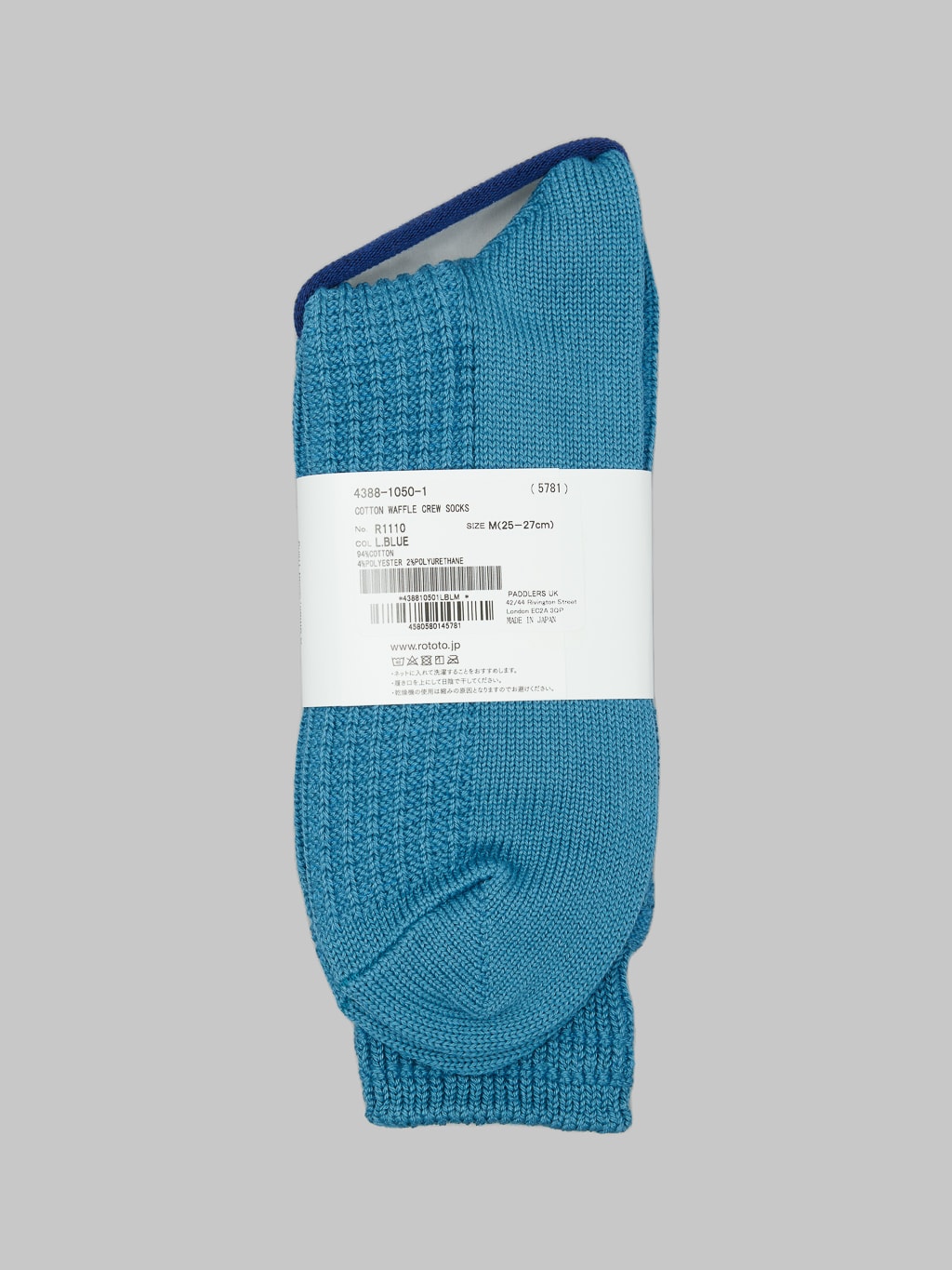 rototo cotton waffle crew socks light blue back label details