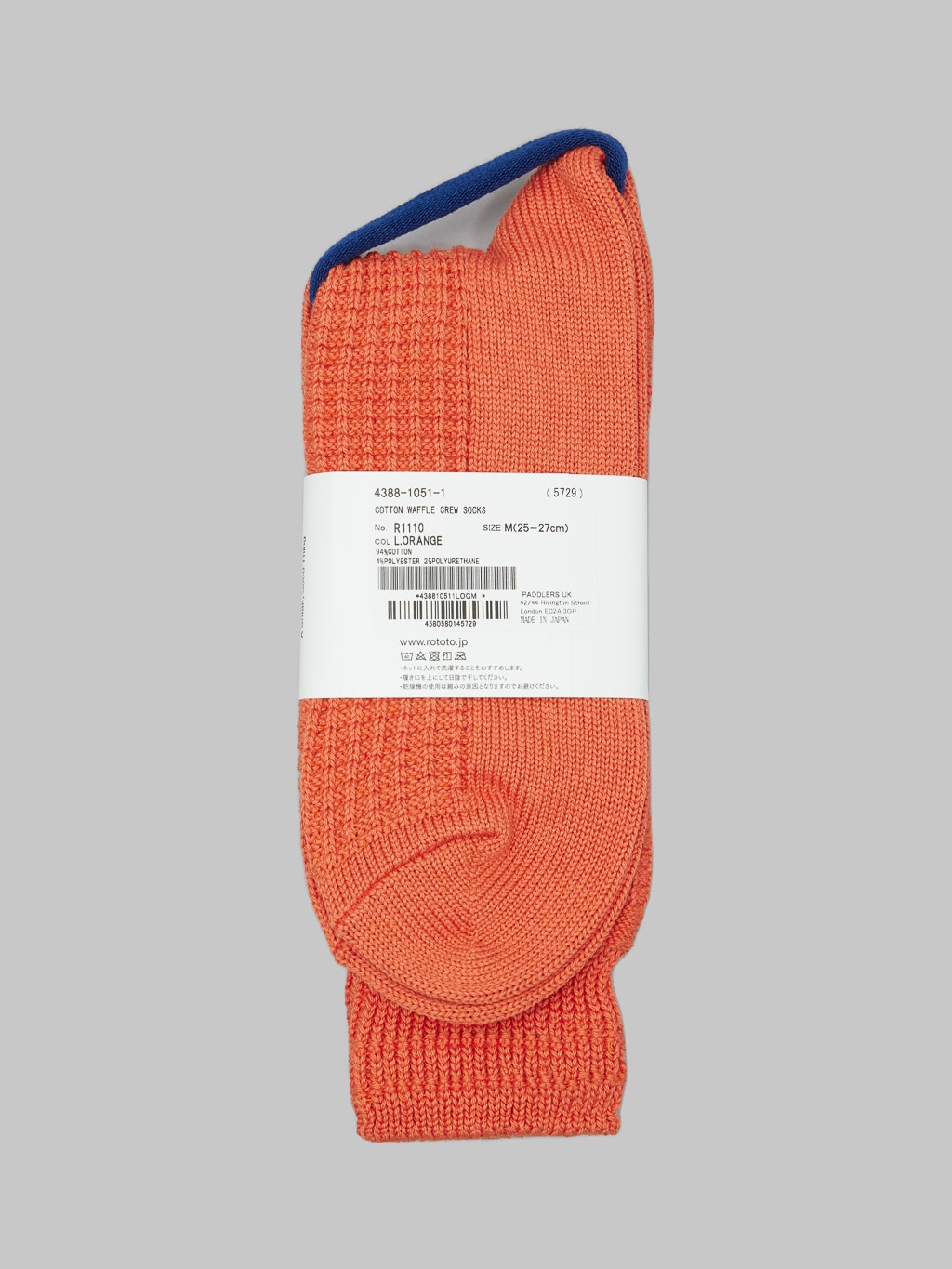 rototo cotton waffle crew socks orange back label details