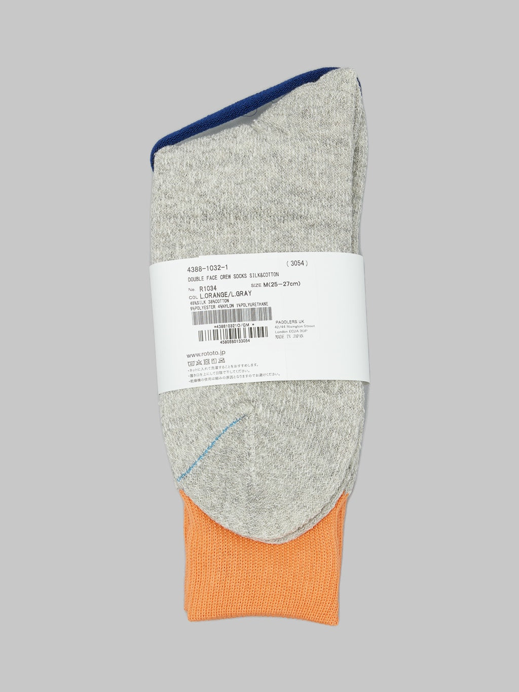 rototo double face crew socks silk cotton orange gray back label details