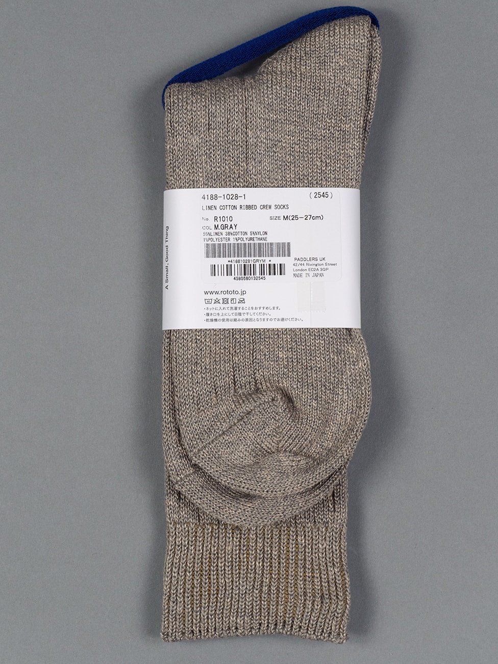 rototo linen cotton ribbed crew socks medium gray back label