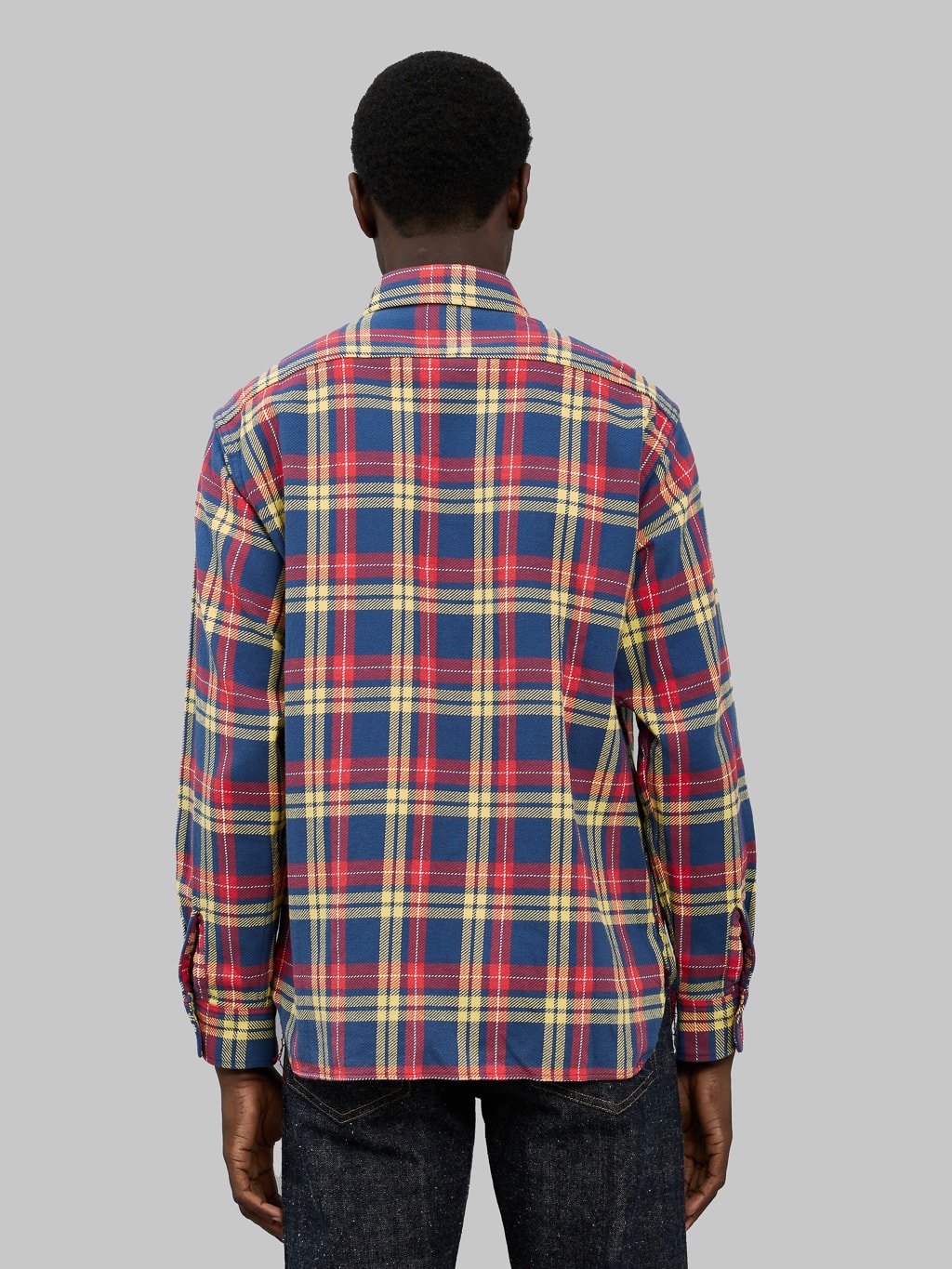 sugar cane twill check flannel shirt navy model back fit