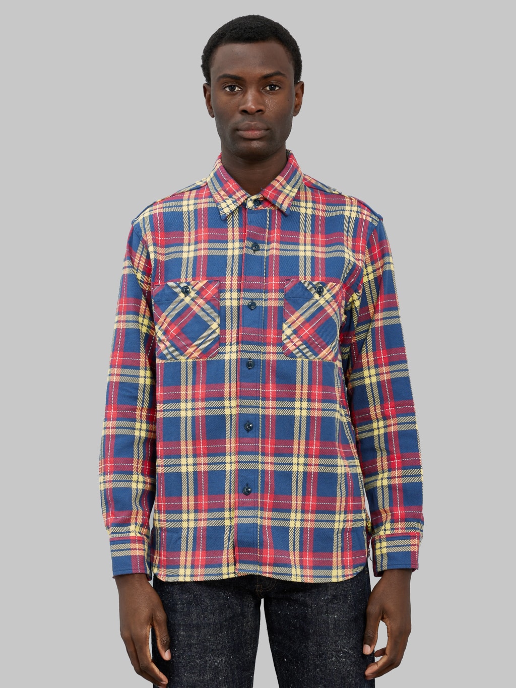 sugar cane twill check flannel shirt navy model front fit