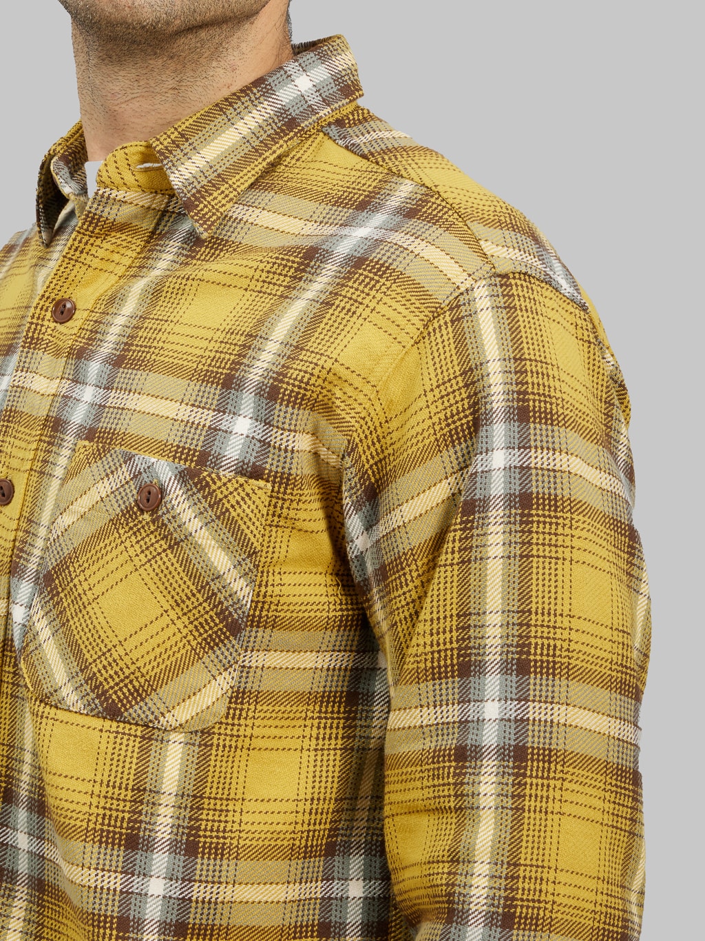 sugar cane twill check work shirt flannel yellow chest pocket