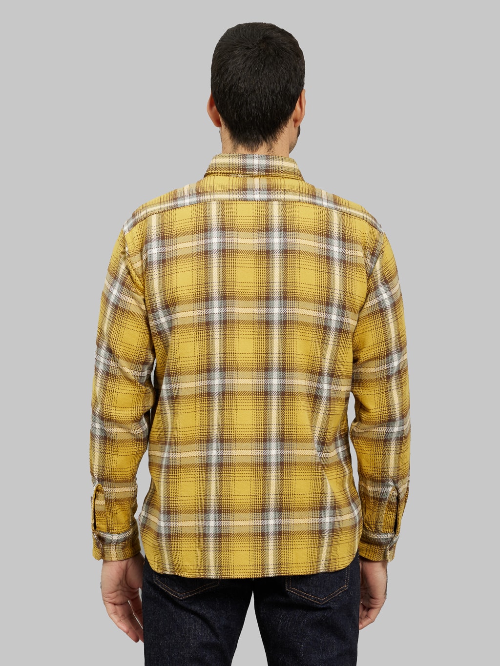 sugar cane twill check work shirt flannel yellow model back fit