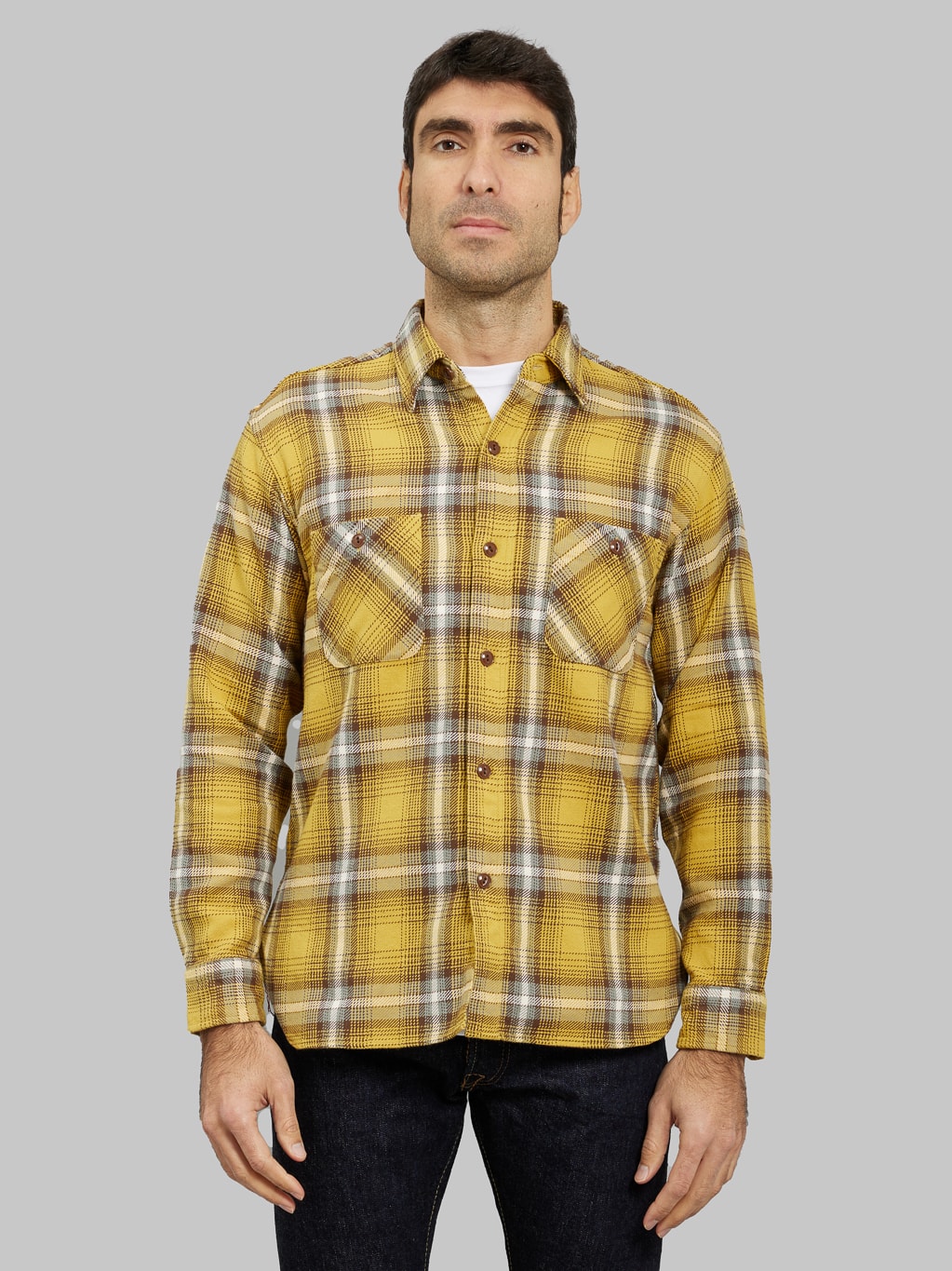 sugar cane twill check work shirt flannel yellow model front fit