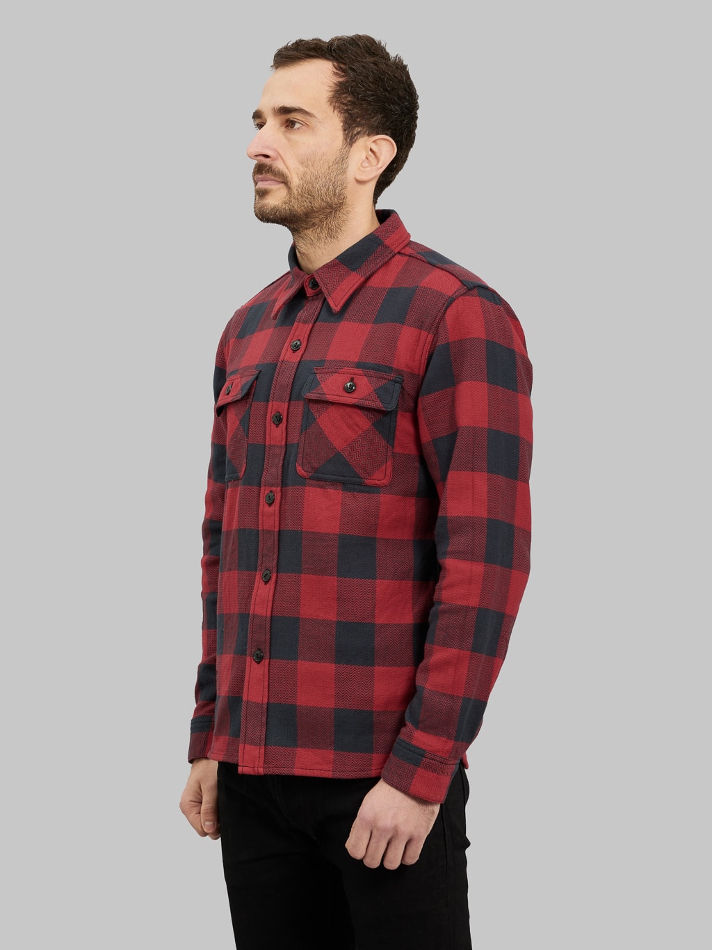 the flat head block check flannel shirt black red model side fit