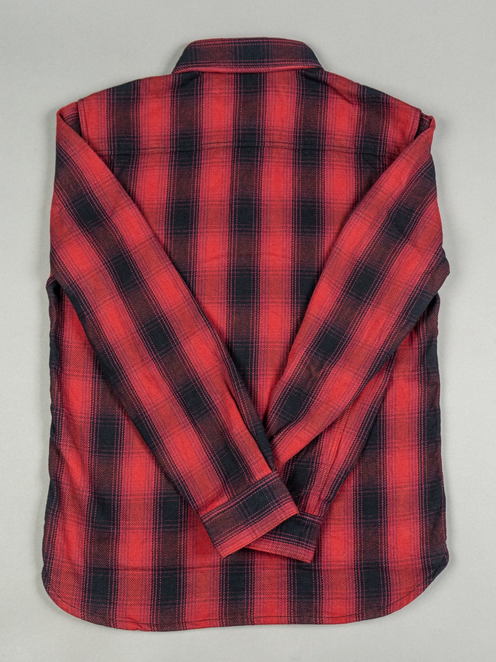 The flat head flannel shirt red work back view