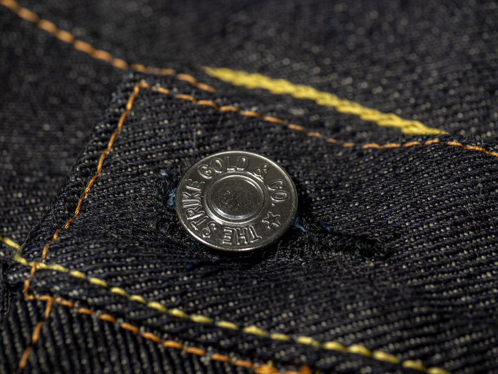 the strike gold 3109 left hand twill raw japanese jeans iron button