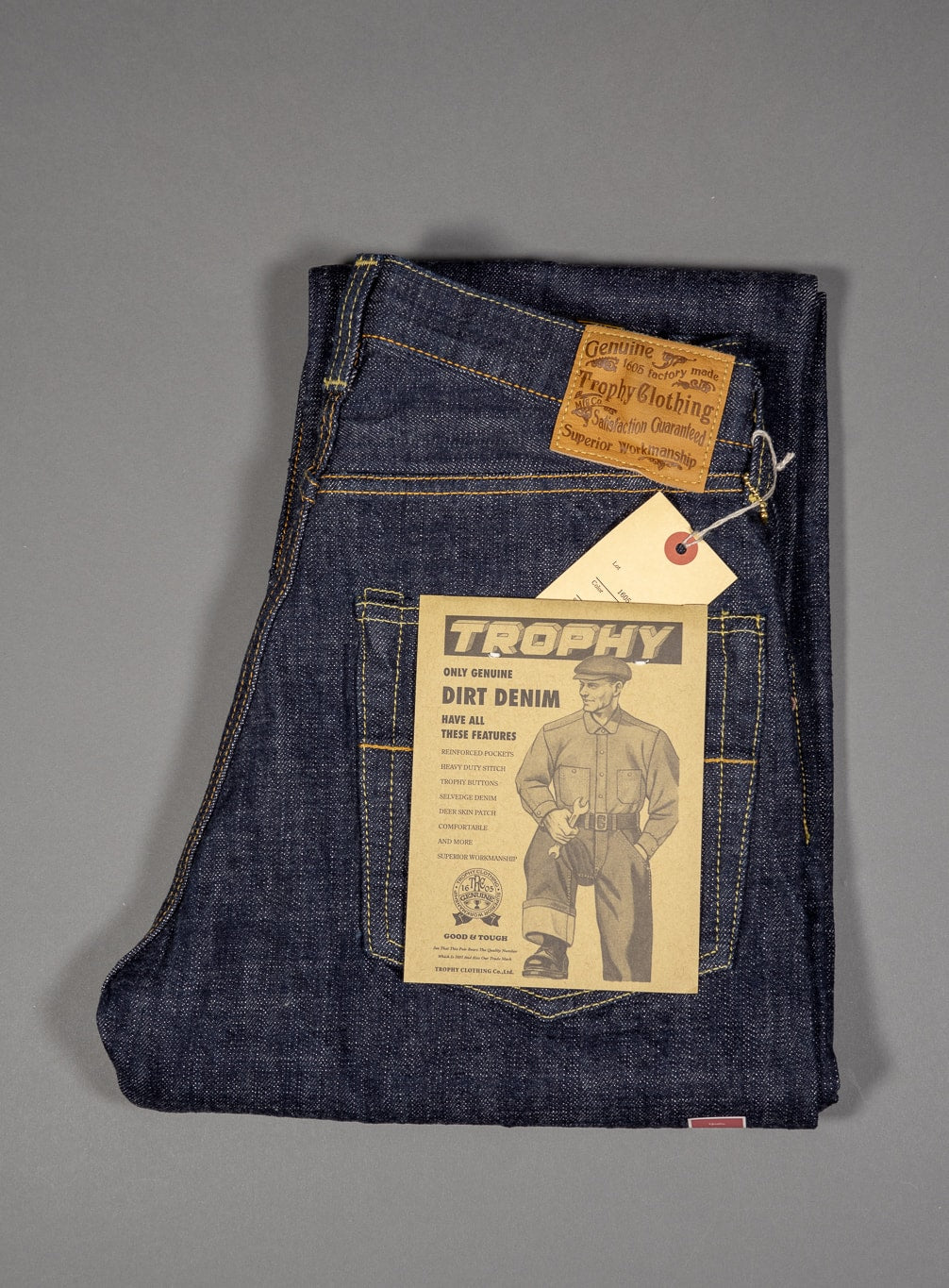 trophy clothing 1605 standard dirt denim japanese jeans tags