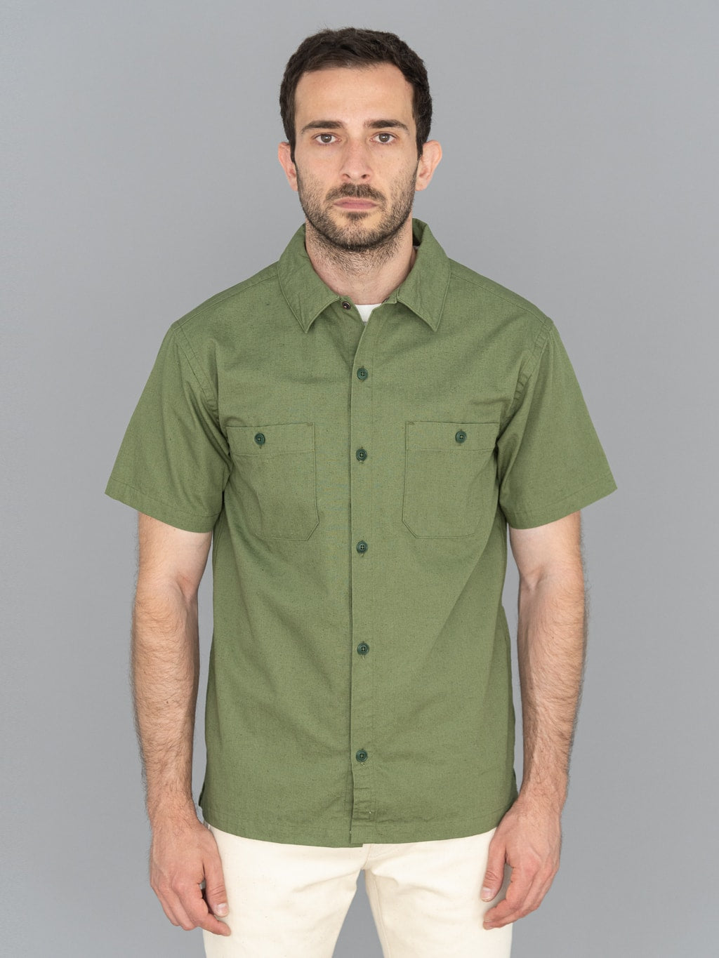 ues denim mechanic shirt sleeves shirt sage green front fit buttoned