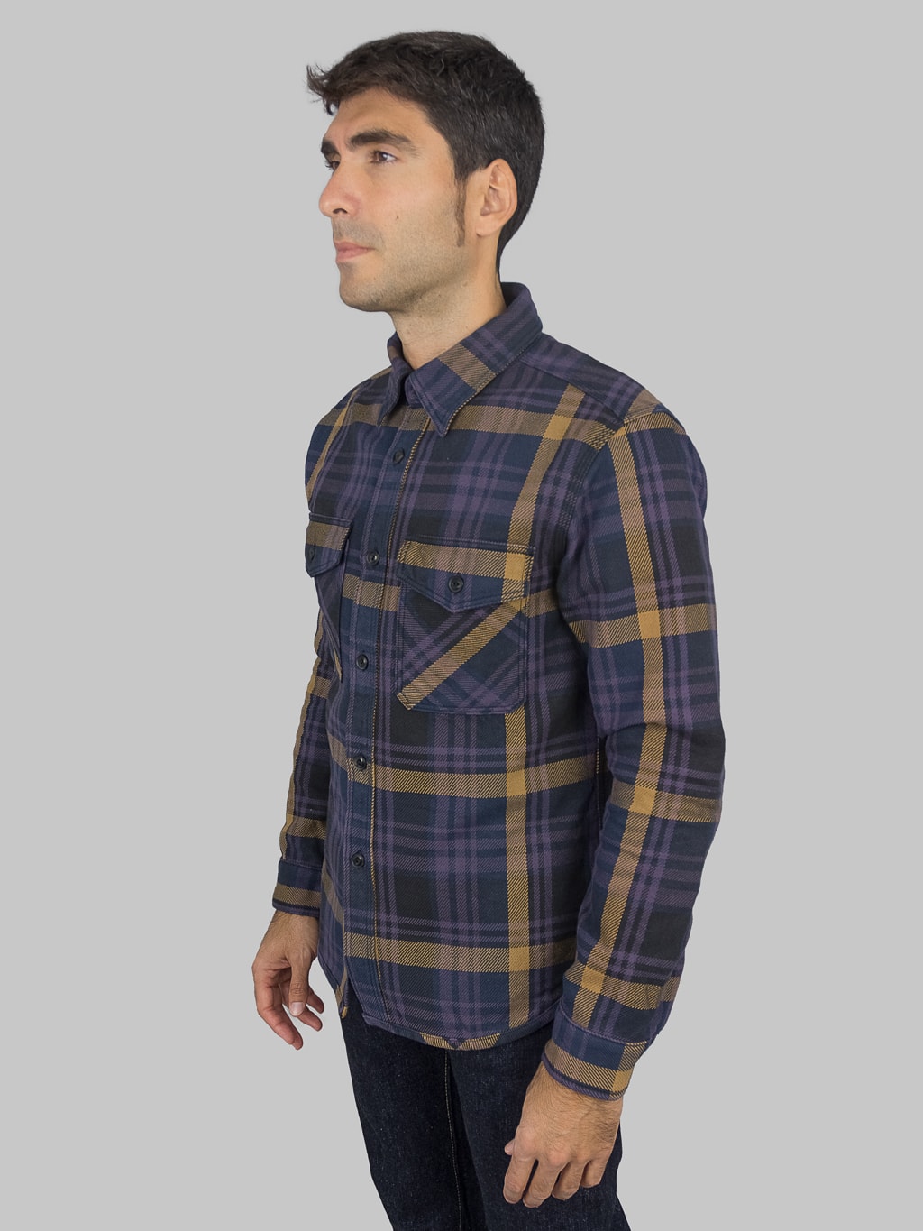 ues extra heavy selvedge flannel shirt navy model side fit