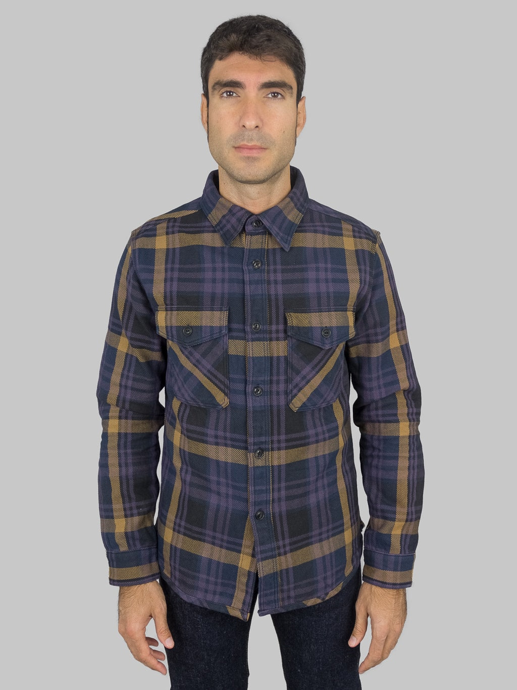 ues extra heavy selvedge flannel shirt navy model front fit