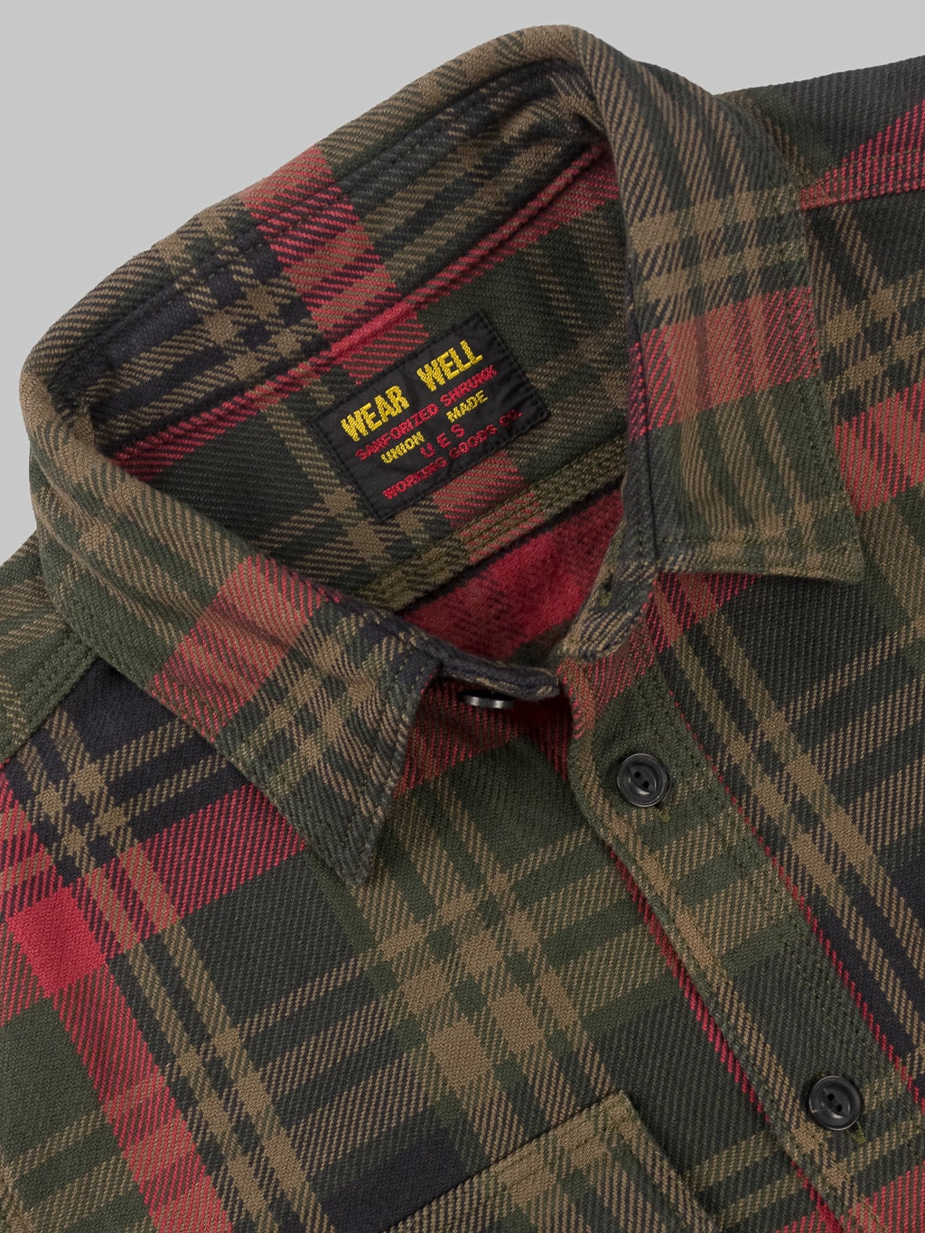 ues extra heavy selvedge flannel shirt red  collar closeup